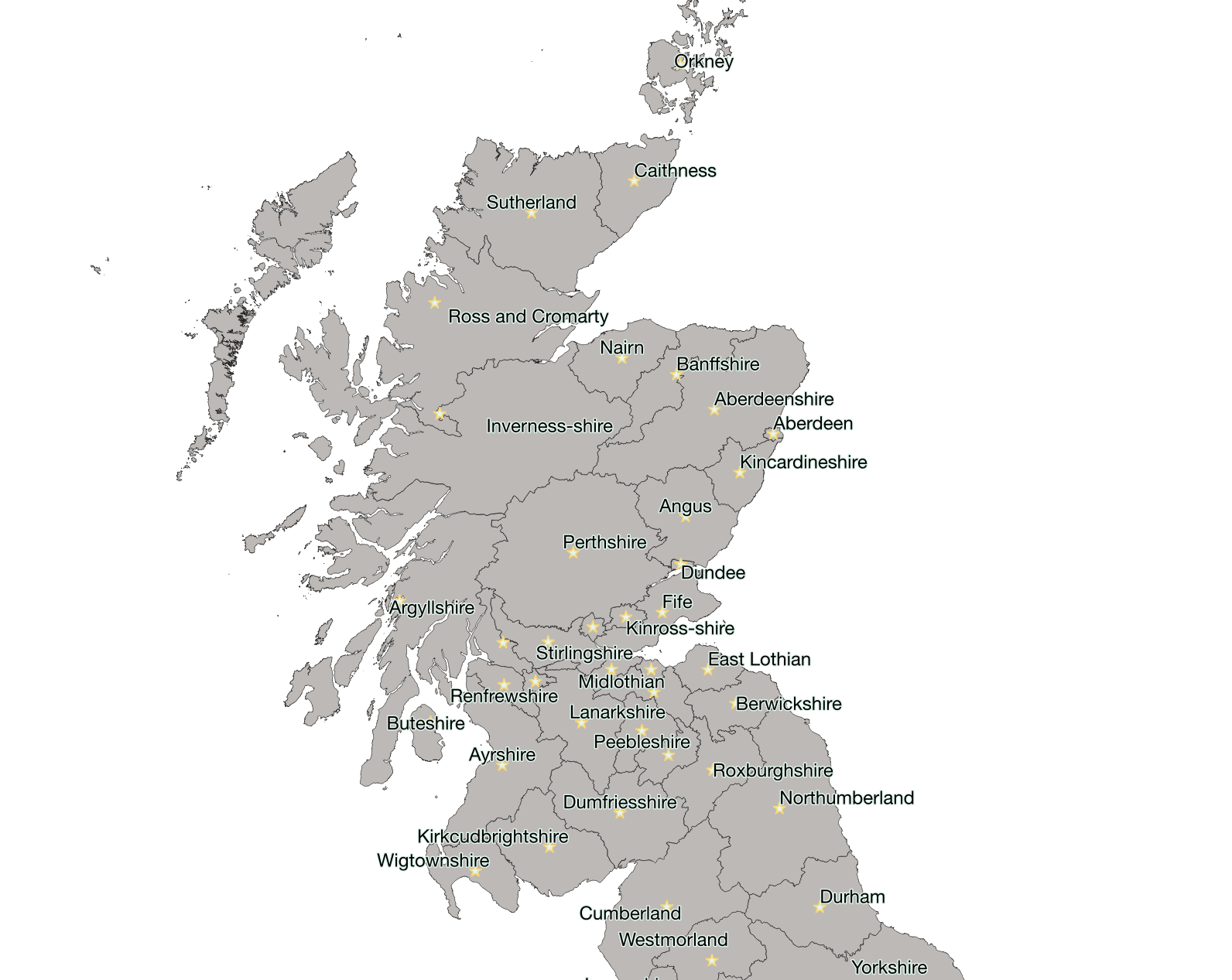Historic county boundaries with centroids