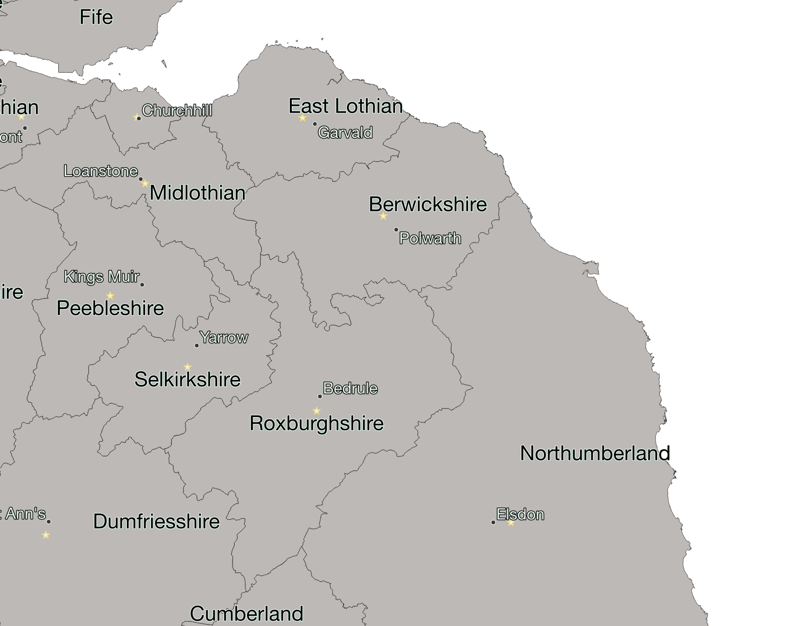 Map showing location of settlements nearest to the centroid of each historic county