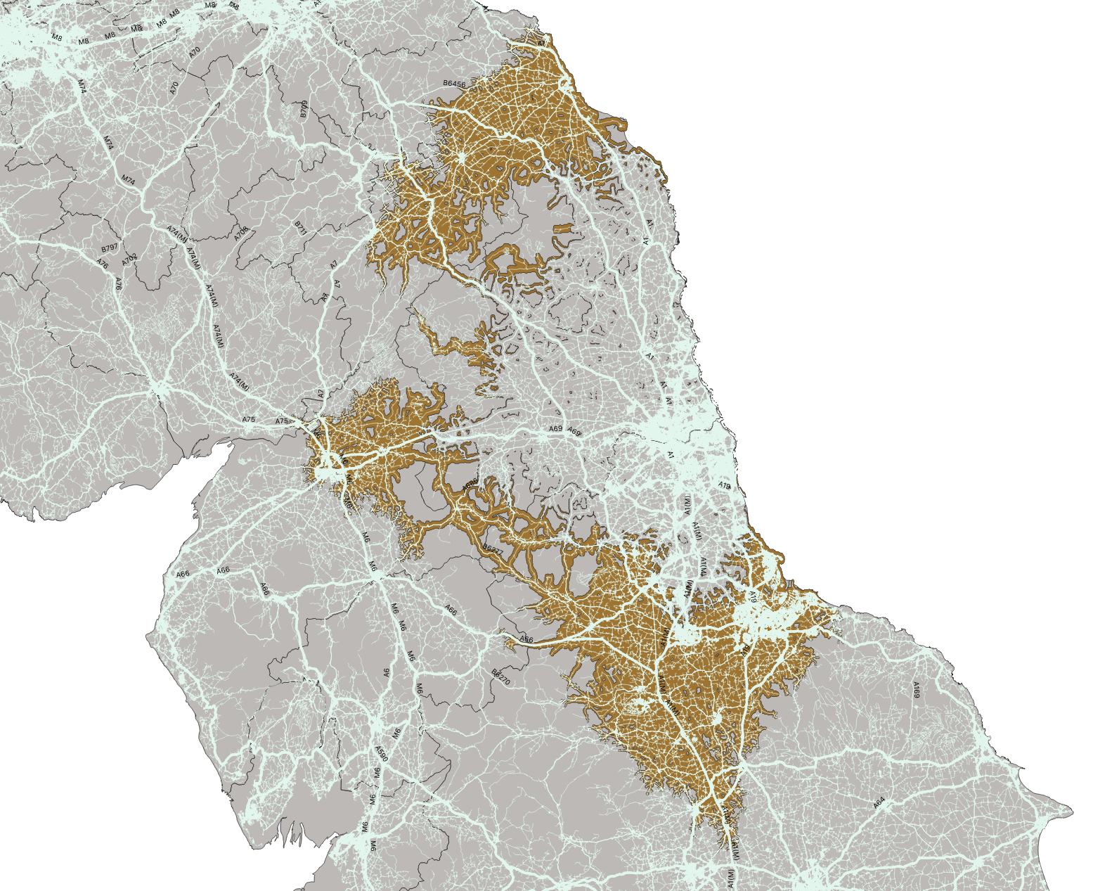 Possible locations after riding for sixty to ninety minutes from Seaton Burn