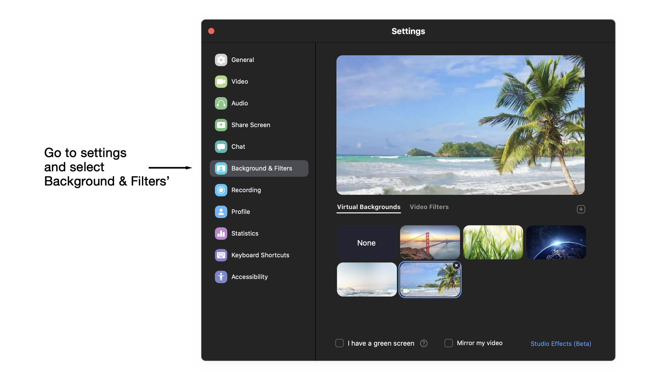setting background filters in Zoom